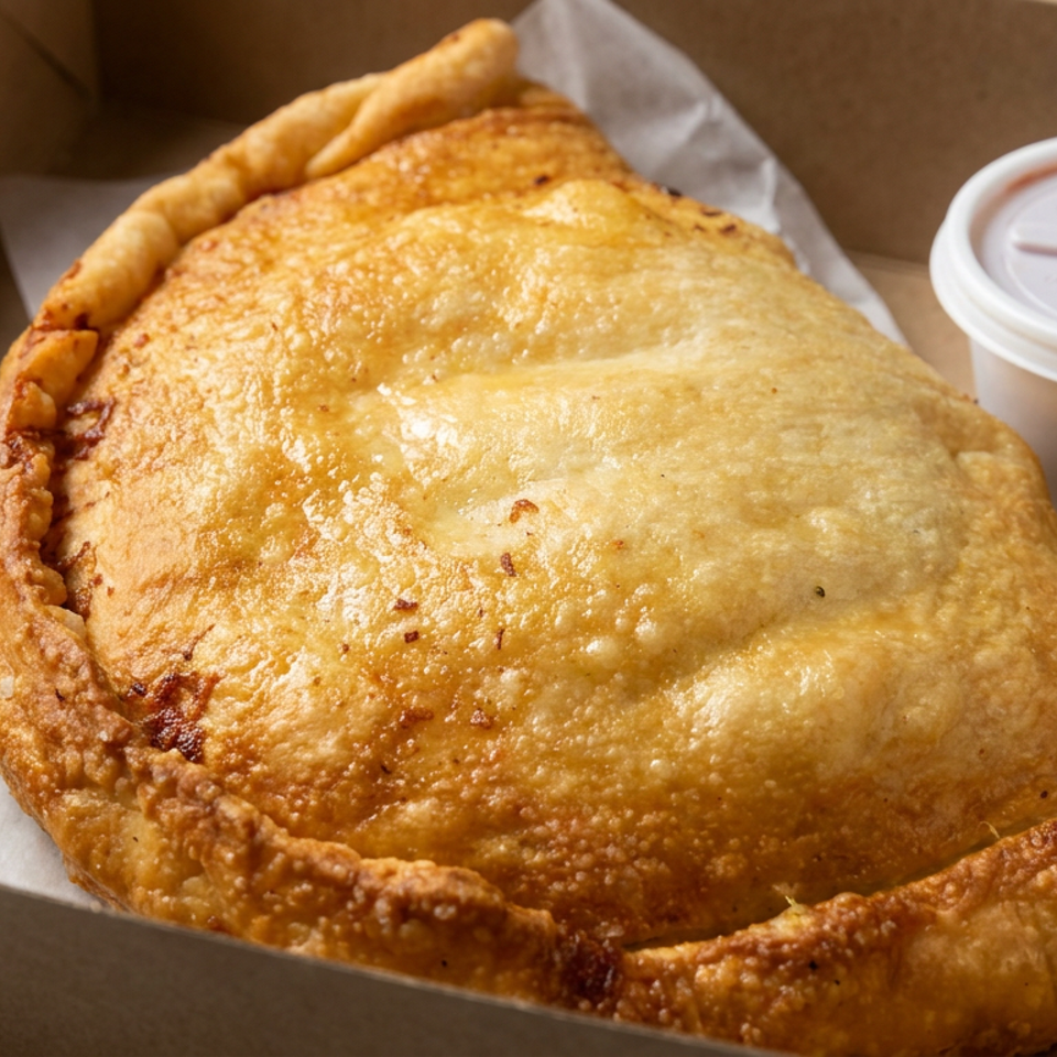 Golden-brown stuffed pastry in a cardboard takeout box with a small cup of dipping sauce.