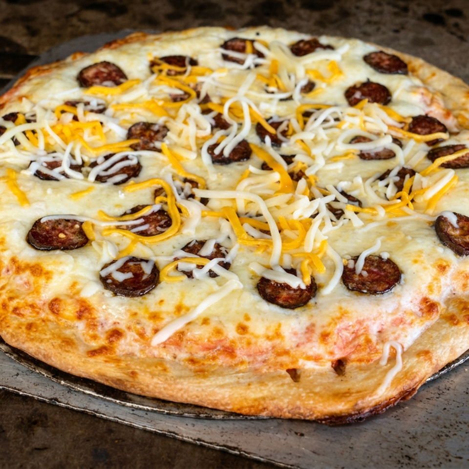 Freshly baked thick-crust pizza topped with pepperoni, melted mozzarella, and shredded cheddar on a metal pizza peel.