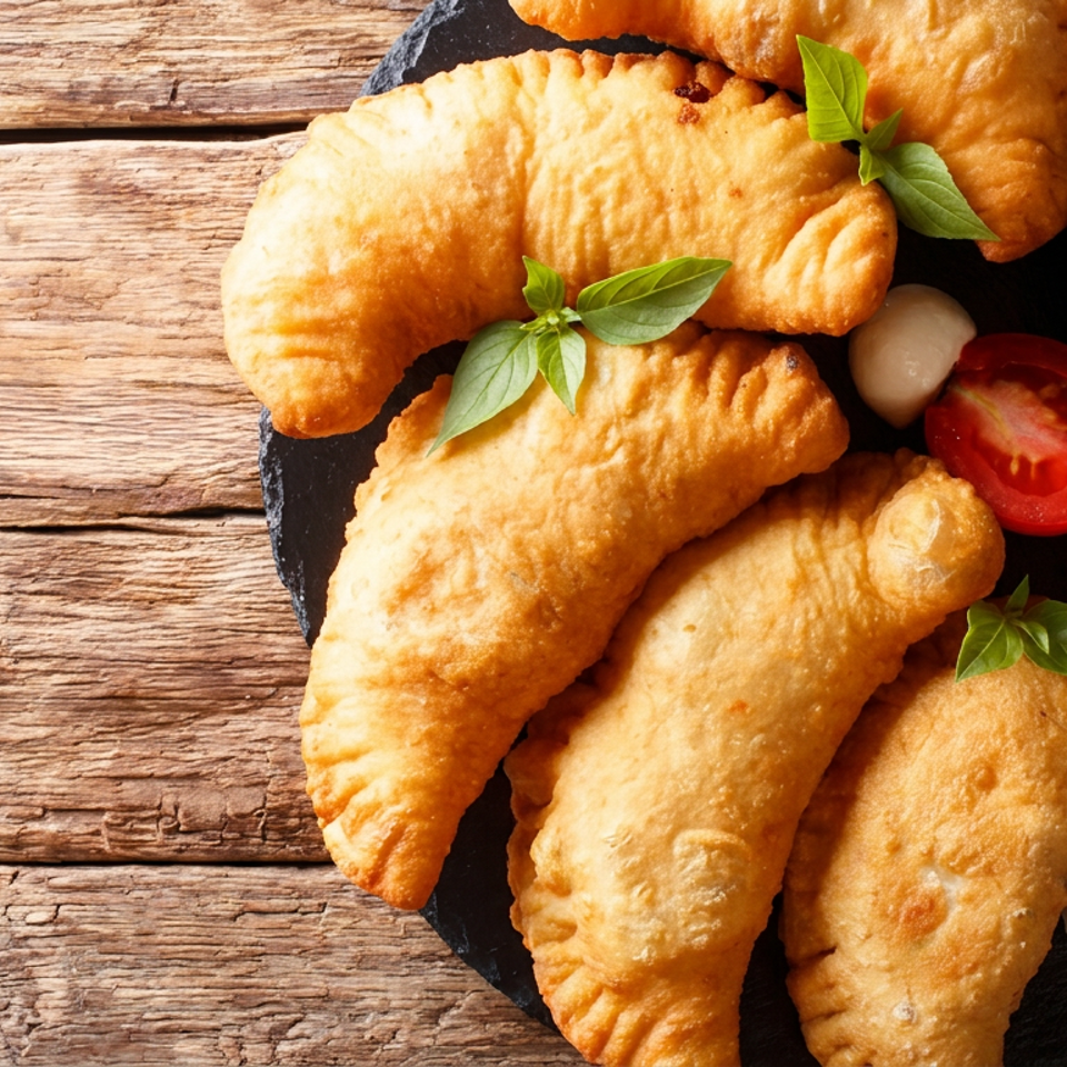 Golden fried empanadas arranged on a black platter with basil, cherry tomatoes, garlic cloves, and dipping sauce on a rustic wooden table.