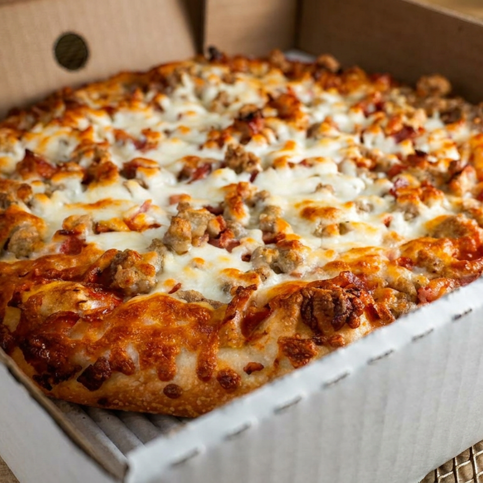 Large round sausage pizza with melted cheese and tomato sauce in an open cardboard delivery box.