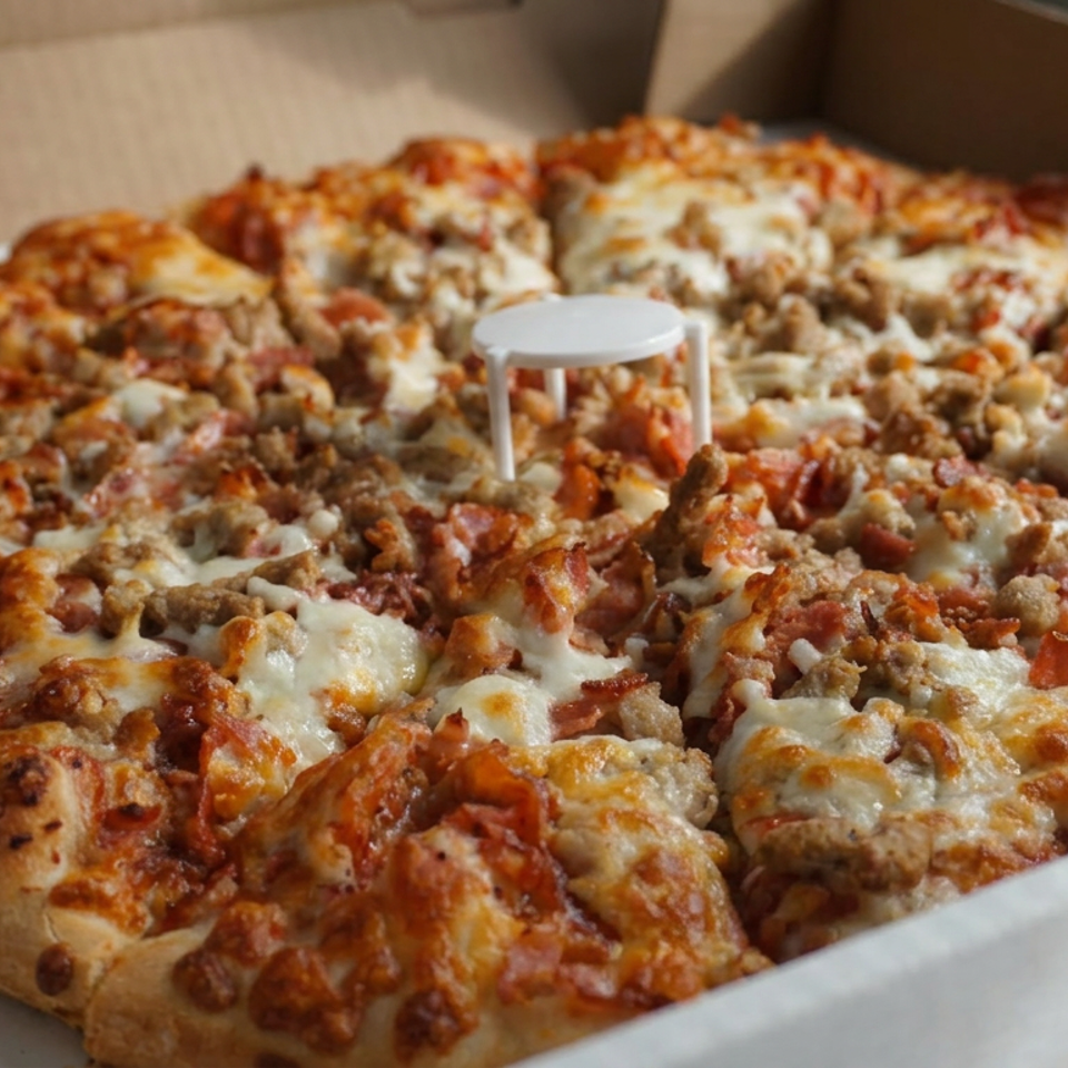 Loaded meat-topped pizza with melted cheese and a white pizza saver inside an open cardboard box.