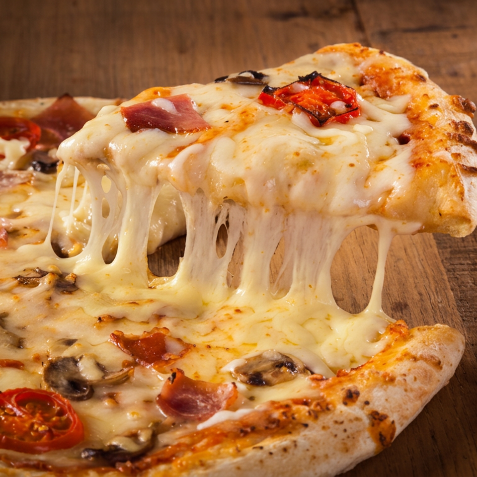 Slice of cheesy pepperoni, mushroom, and tomato pizza lifted from a whole pizza on a wooden table.
