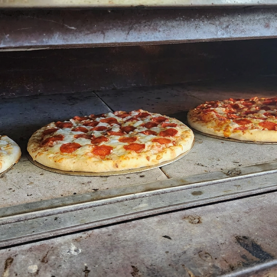 Three pepperoni pizzas bake inside a commercial pizza oven.
