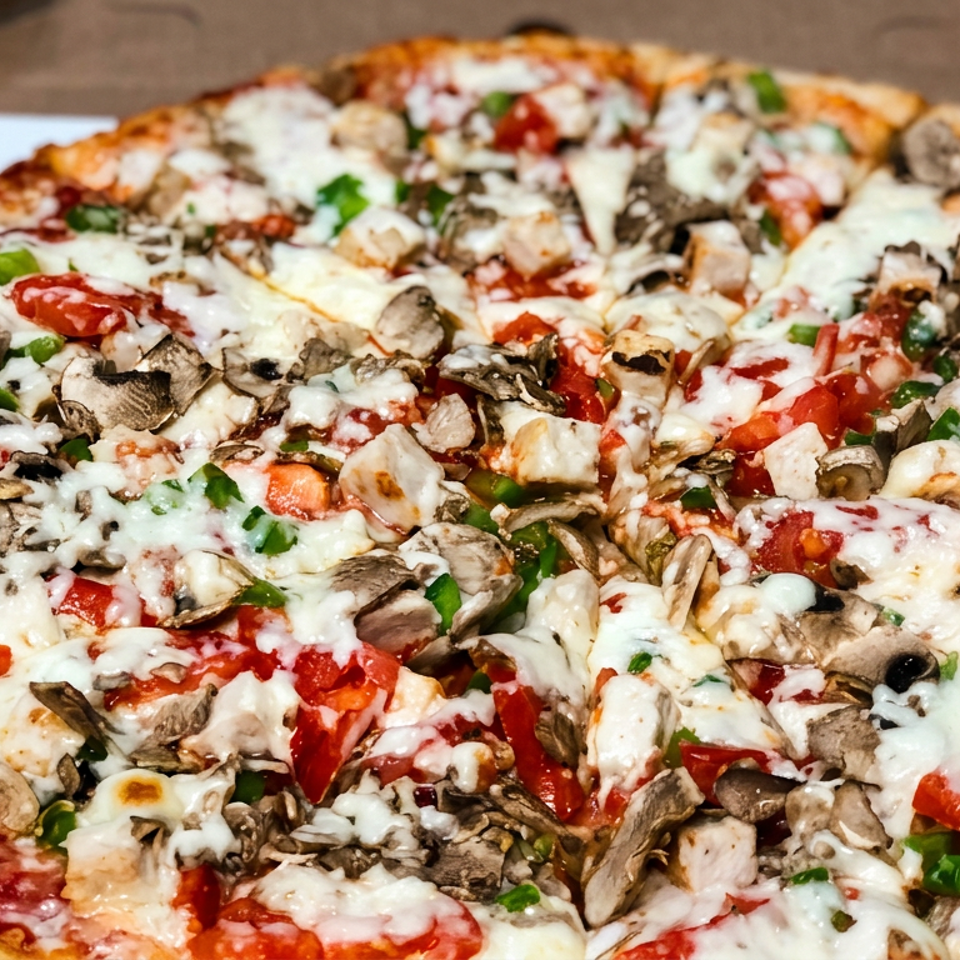 Large pizza topped with melted cheese, mushrooms, tomatoes, green peppers, and chicken in a cardboard delivery box.