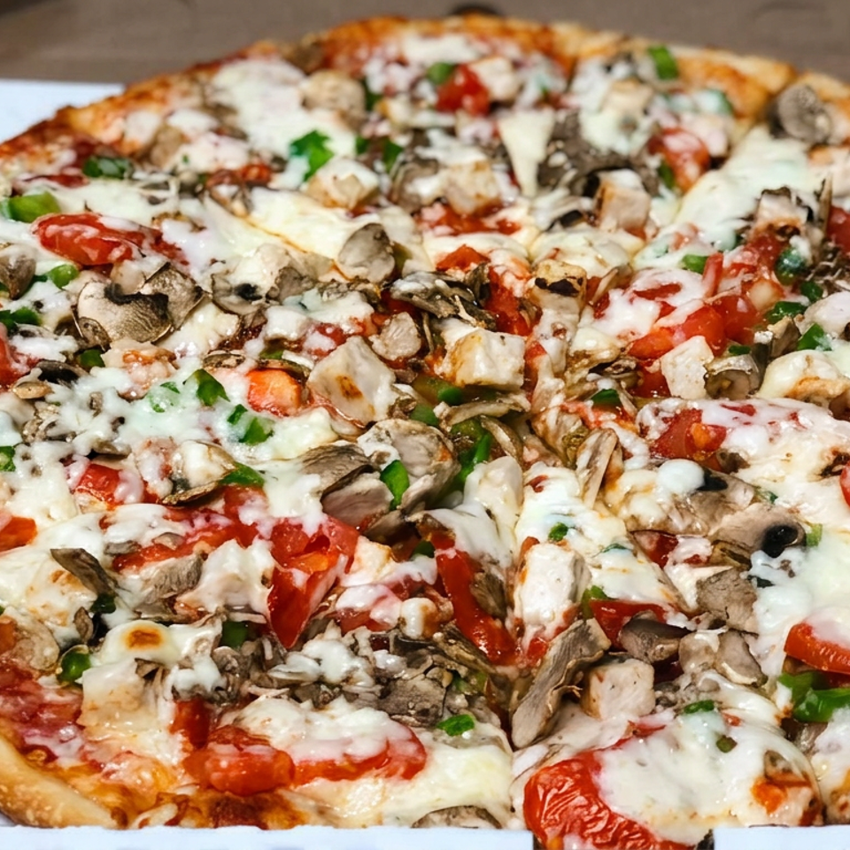 Loaded vegetable pizza topped with mushrooms, tomatoes, green peppers, grilled chicken, and melted cheese in a cardboard box.