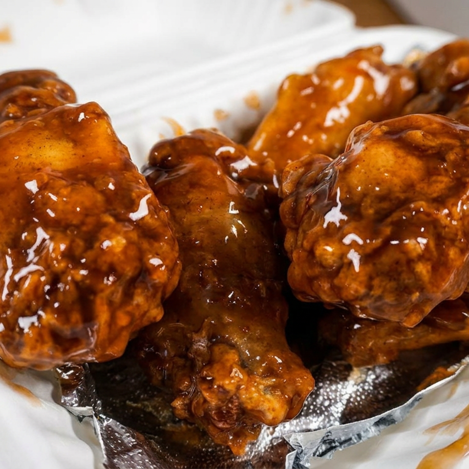 Glazed fried chicken wings piled on a foil-lined white plate, with glossy brown sauce drizzled across the pieces.