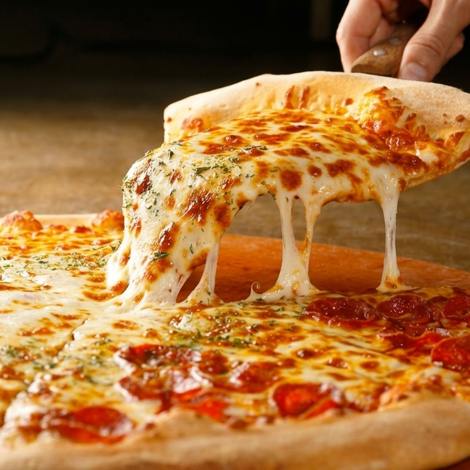 A hand lifts a cheesy pepperoni pizza slice, revealing stretchy melted cheese over the remaining pizza.