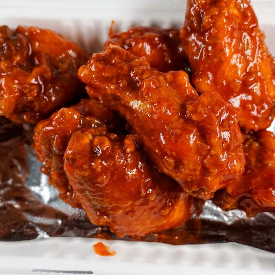 Close-up of crispy chicken wings coated in glossy red-orange sauce, served in a white takeout container lined with foil.