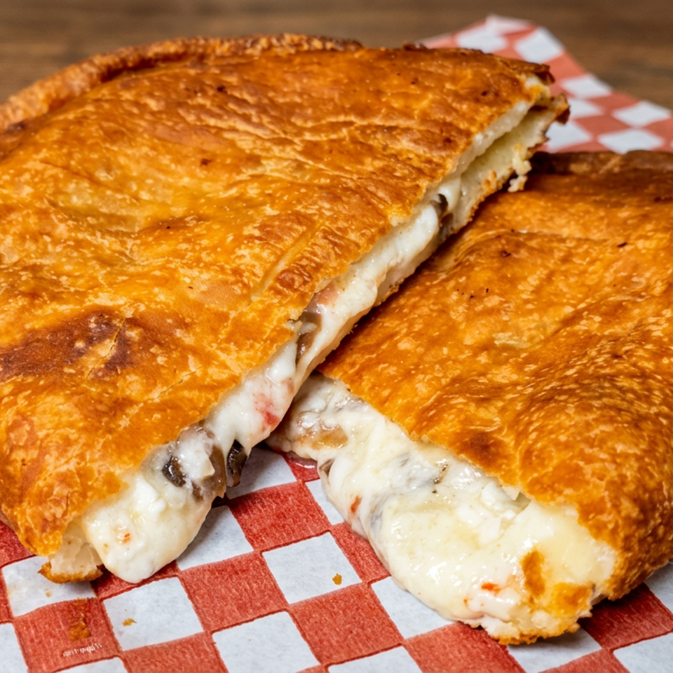 Golden baked calzone halves filled with melted cheese and mushrooms, served on red-and-white checkered paper.