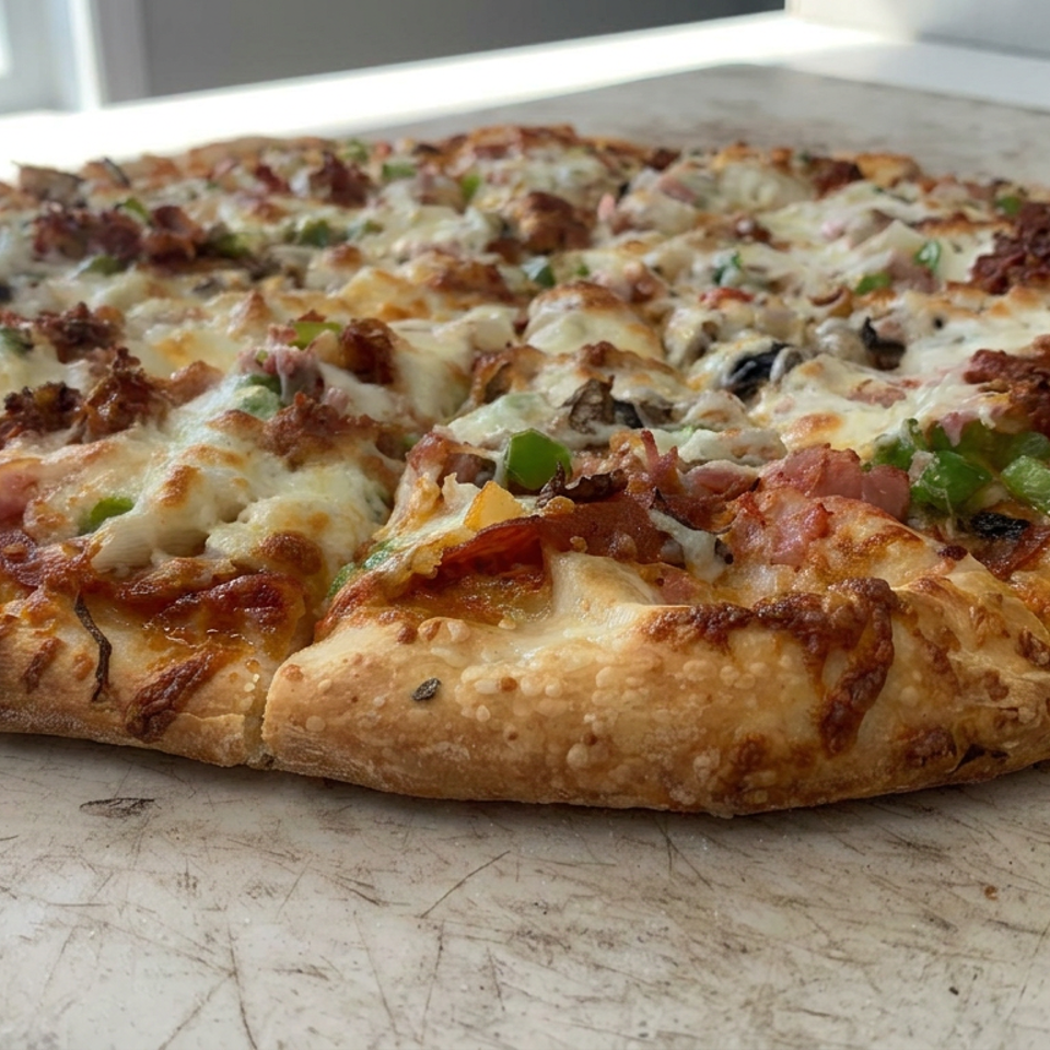 Loaded meat pizza with melted cheese, mushrooms, green peppers, and crispy crust on a worn wooden board.