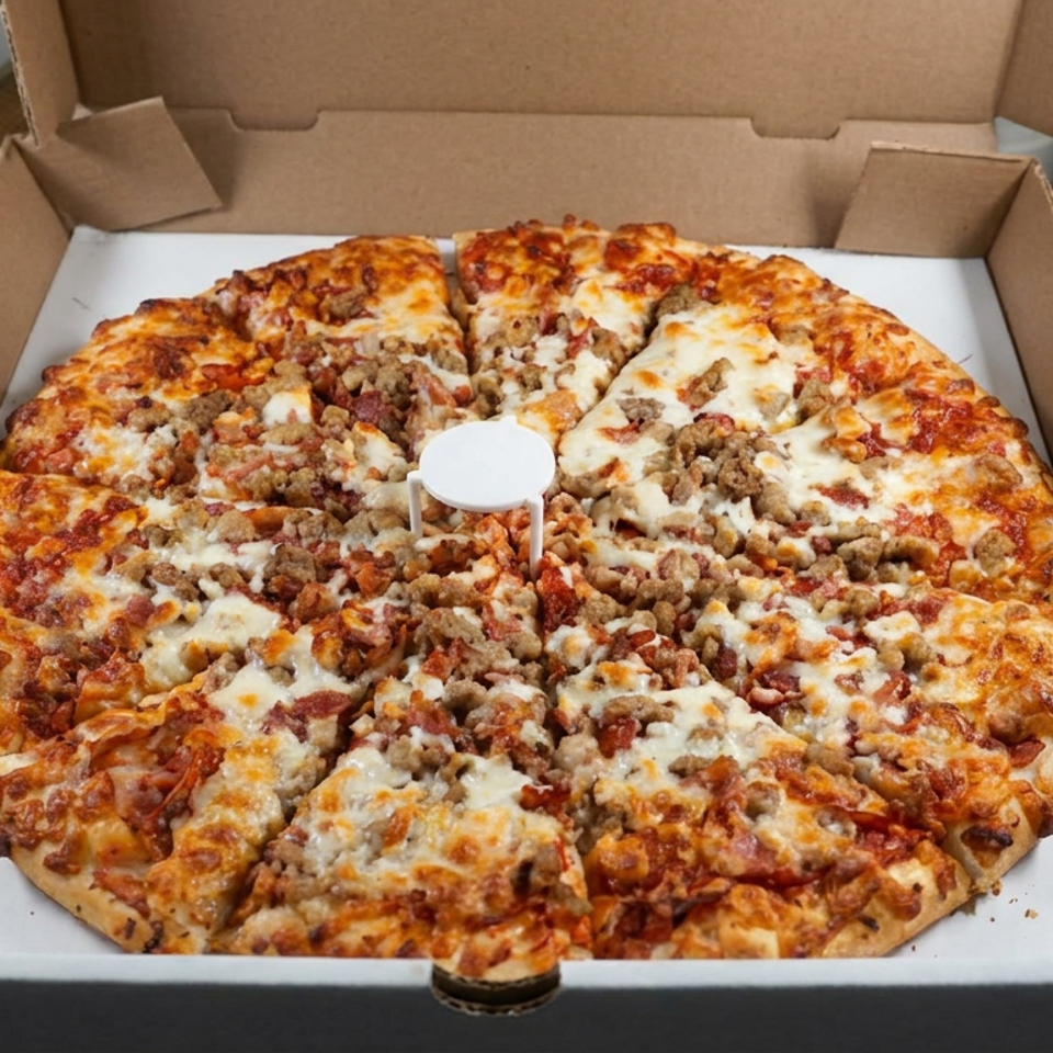 Open pizza box holding a sliced, cheese-covered pizza topped with crumbled sausage and meat, with a white pizza saver in the center.