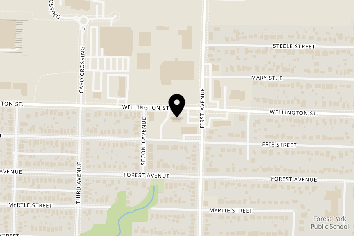 Map showing the location of Pizza Tonite st thomas on 296 Wellington Street in St. Thomas